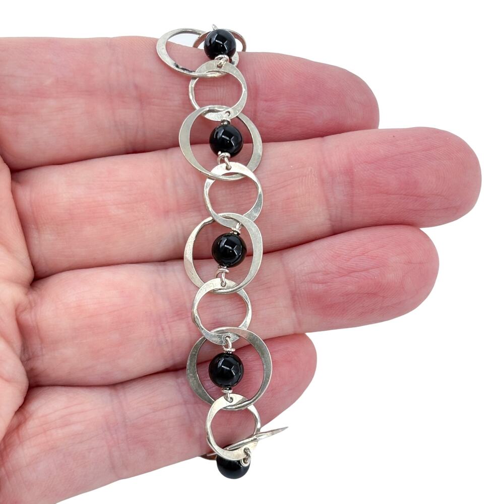 Vintage Sterling Silver 925 Black Onyx Interlocking Bracelet 7.75"